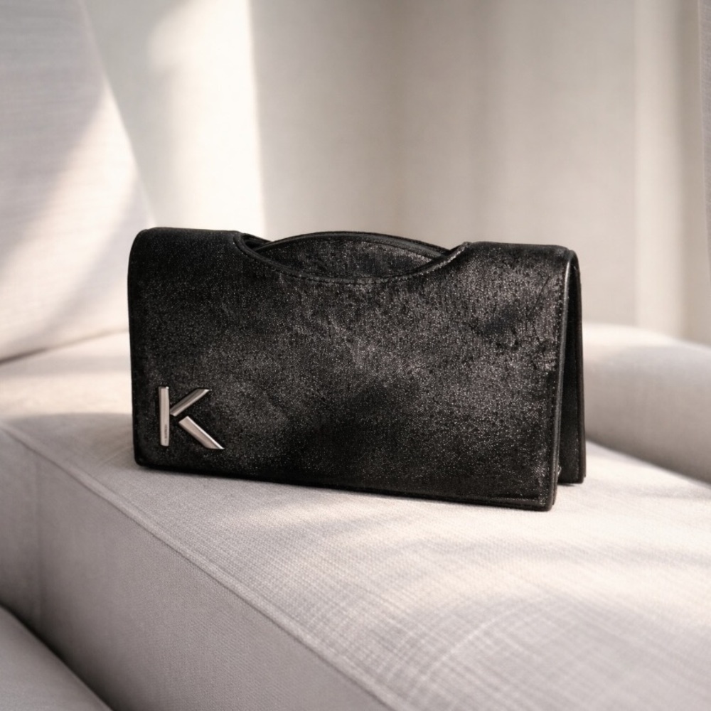 KRIZIA Vintage Y2K Black Gunmetal Shimmer Evening Clutch Made in Italy